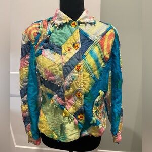 Vintage Sandy starkman silk Colorful Patchwork Jacket pompoms boho